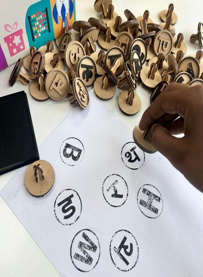Ansoz Wooden English & Hindi Alphabet Stamps Combo Set with Ink Box, Educational Learning Kit (03) - Image 1